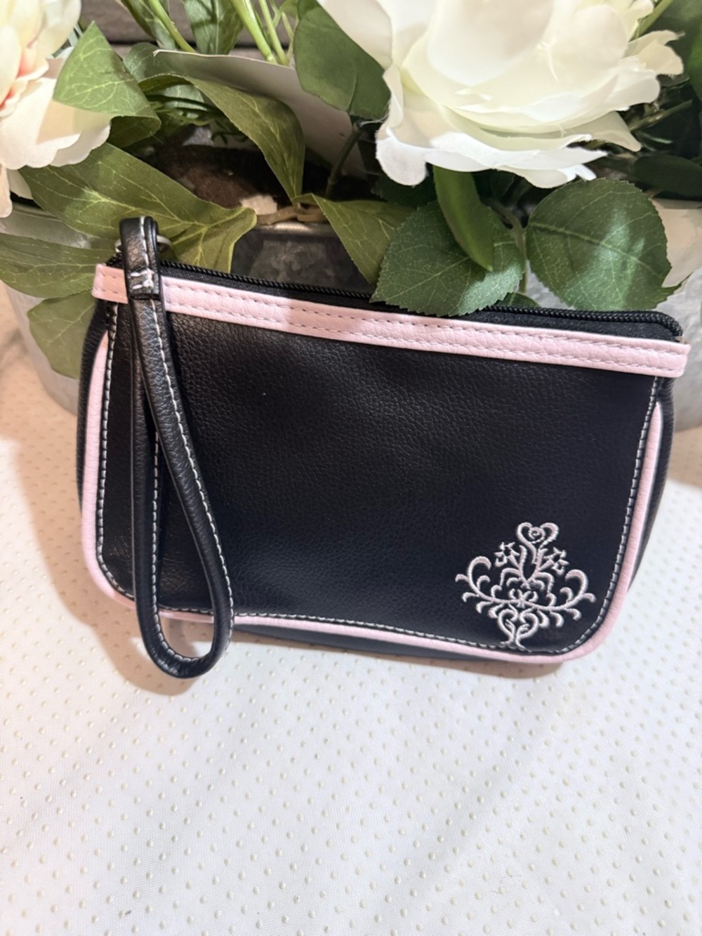 Mary Kay Black Wristlet Clutch with Pink Trim and White Embroidery